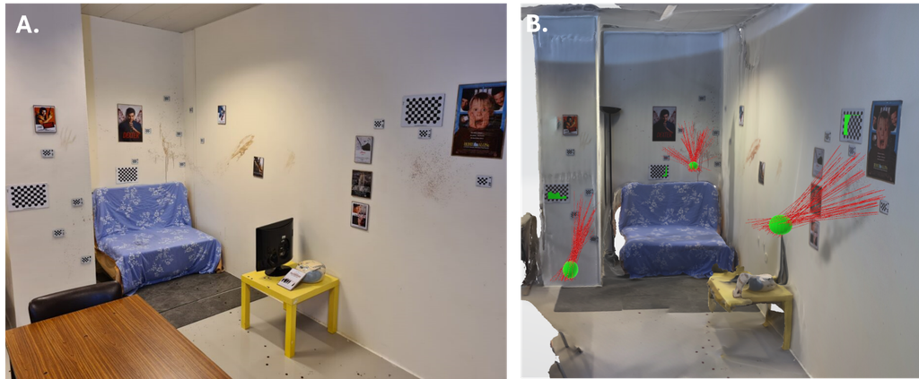 reconstruction 3D sur une scène de crime avec des traces de sang